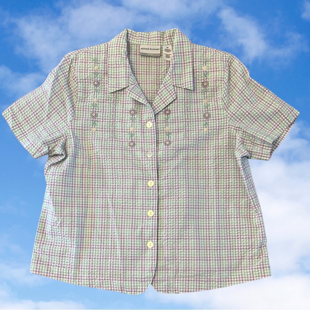 Vintage Alfred Dunner Green Purple Plaid Embroidered Button Blouse Size 14P